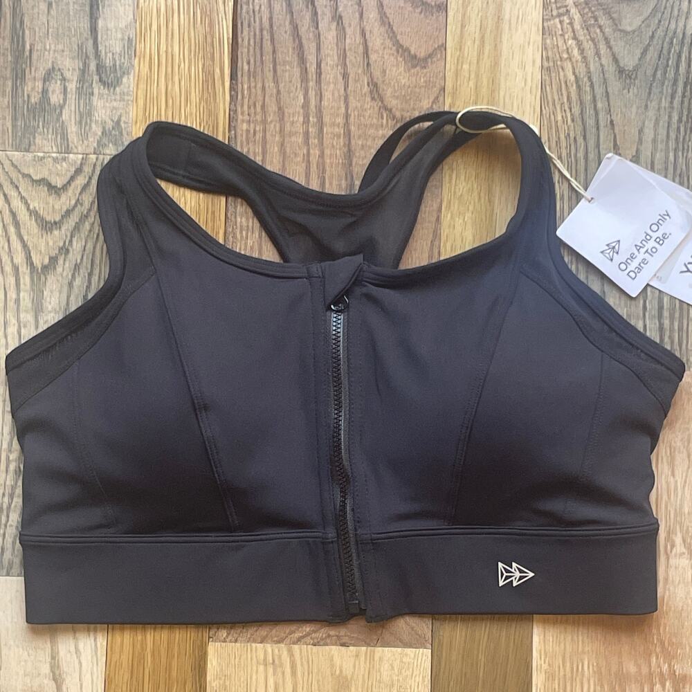 Yvette Front Zip Sports Bra Black High Impact Racerback Size L+